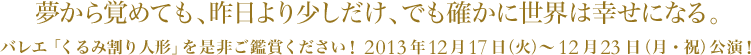 夢から覚めても、昨日より少しだけ、でも確かに世界は幸せになる。バレエ「くるみ割り人形」を是非ご鑑賞ください！ 2013年12月17日（火）〜12月23日（月・祝）公演！